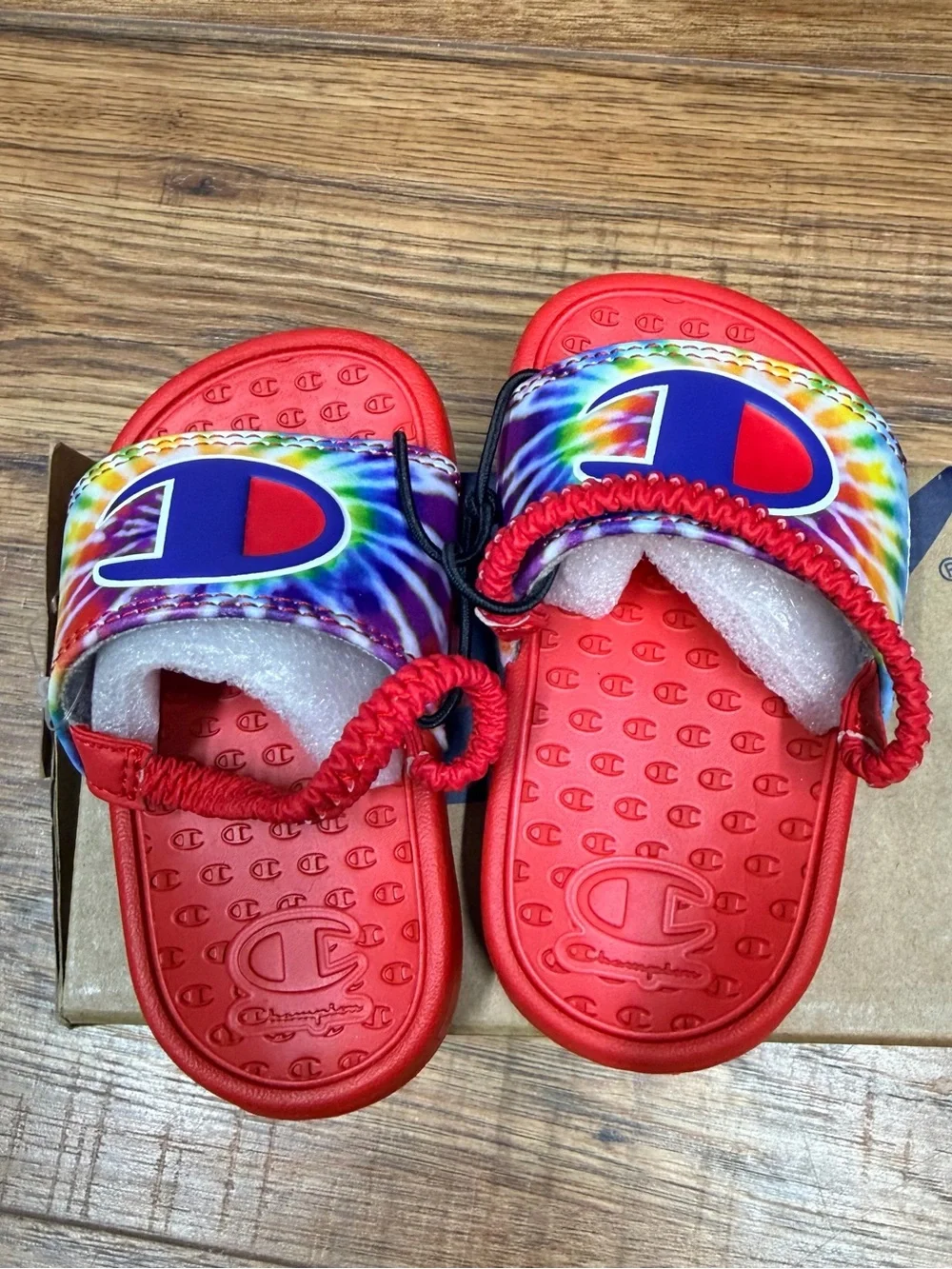Champion Kids Red Slides with Rainbow Tie-Dye Straps and Logo